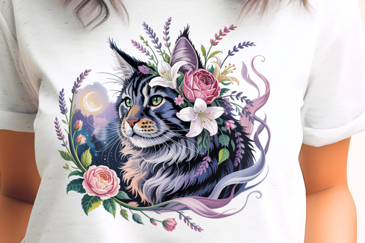 Maine Coon Night Floral Cat PNG Sublimation