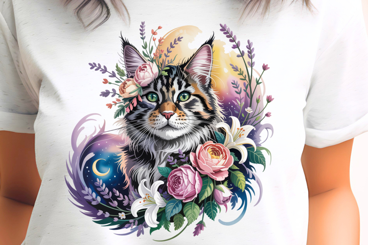 Wild Cat with Flower Bouquet PNG Sublimation