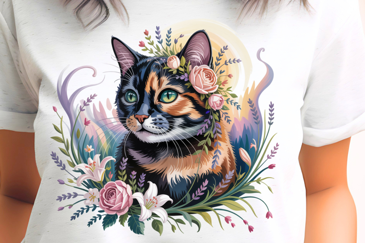 Floral Bouquet Ginger Cat PNG Sublimation