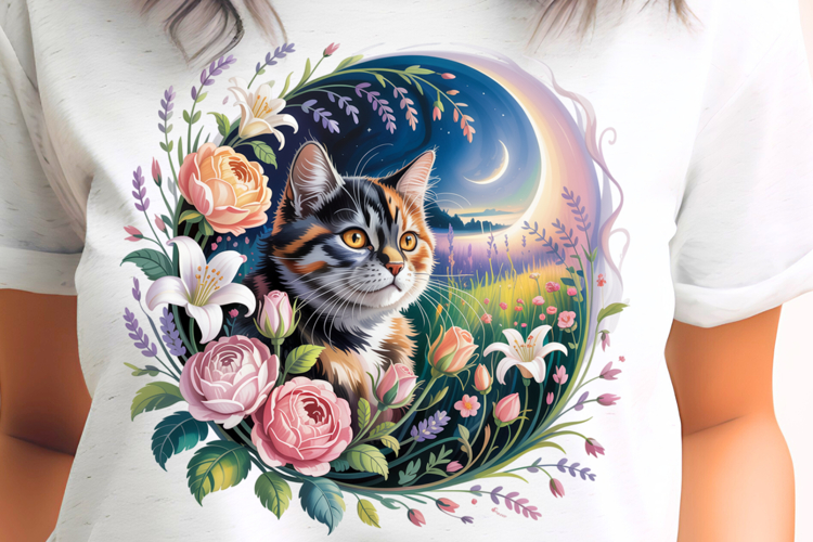 Cat with Wildflowers and Moon PNG Sublimation