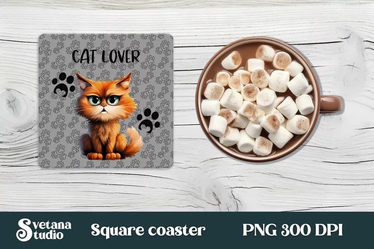 Funny cat lover square coaster PNG