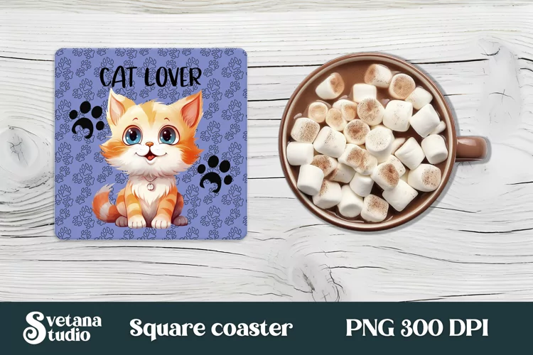 Funny cat lover square coaster PNG sublimation design