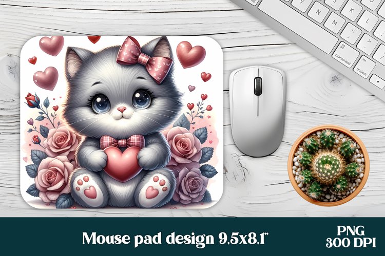 Grey cat flower mouse pad sublimation | Mousepad PNG example image 1