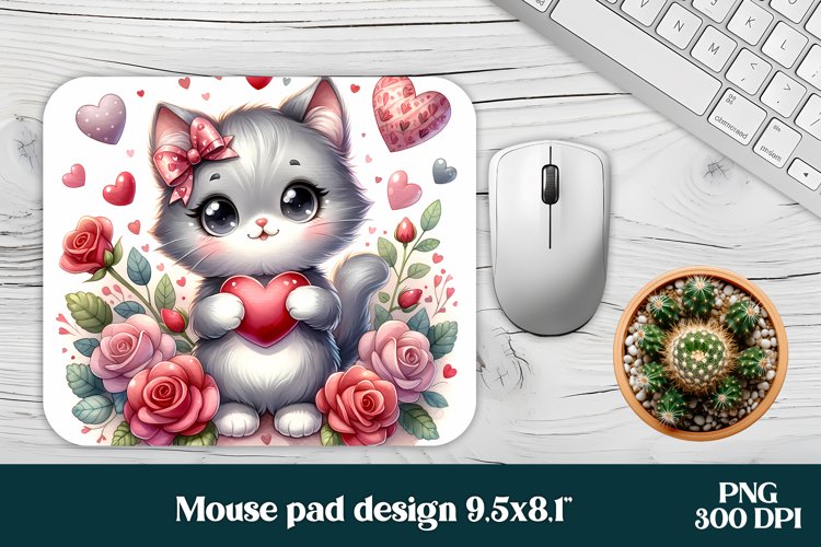 Grey cat flower mouse pad sublimation | Mousepad PNG design