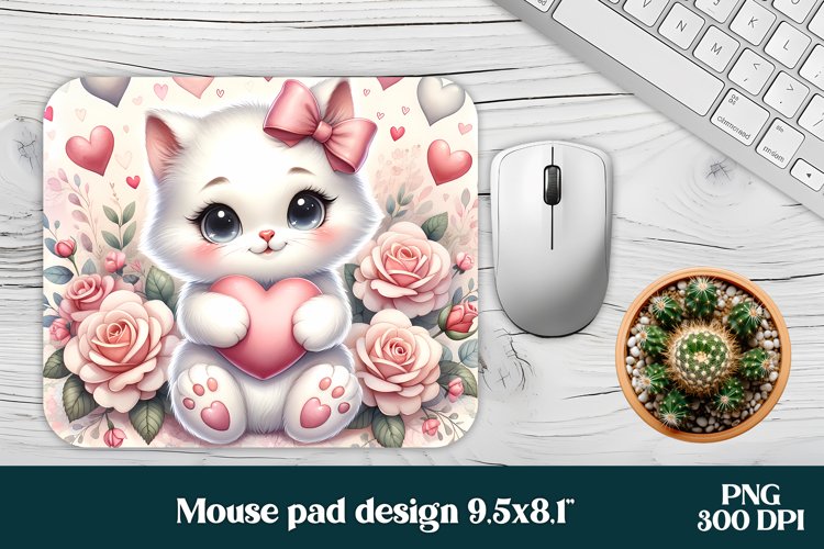 White cat flower mouse pad sublimation PNG | Mousepad PNG example image 1