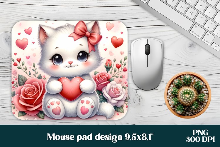 White cat flower mouse pad sublimation | Mousepad PNG example image 1