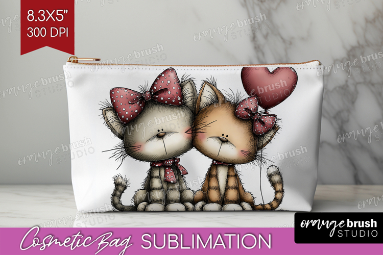 Cats Valentine Cosmetic Bag Whimsical Animal Makeup Bag PNG