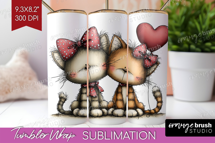 Cats Valentine Tumbler Wrap Whimsical Animal Tumbler PNG
