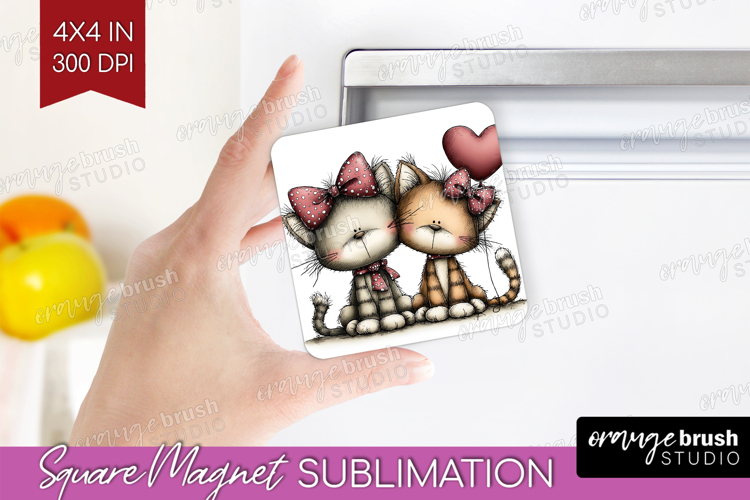 Cats Valentine Magnet Sublimation Whimsical Animal Square