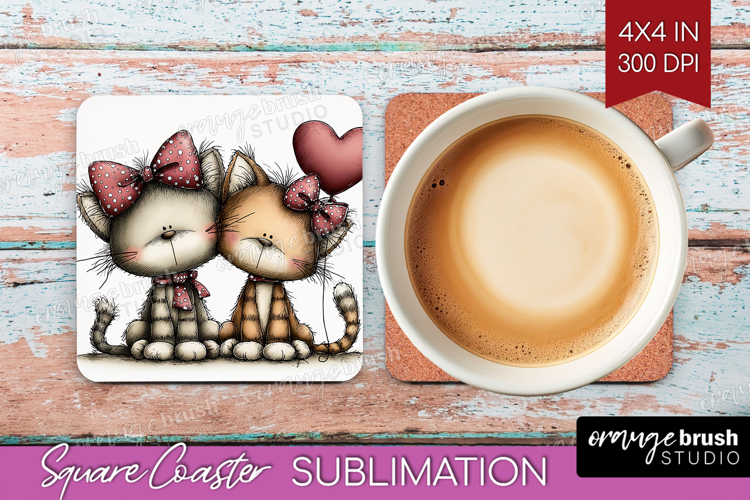 Cats Valentine Square Coaster Whimsical Animal Coaster PNG