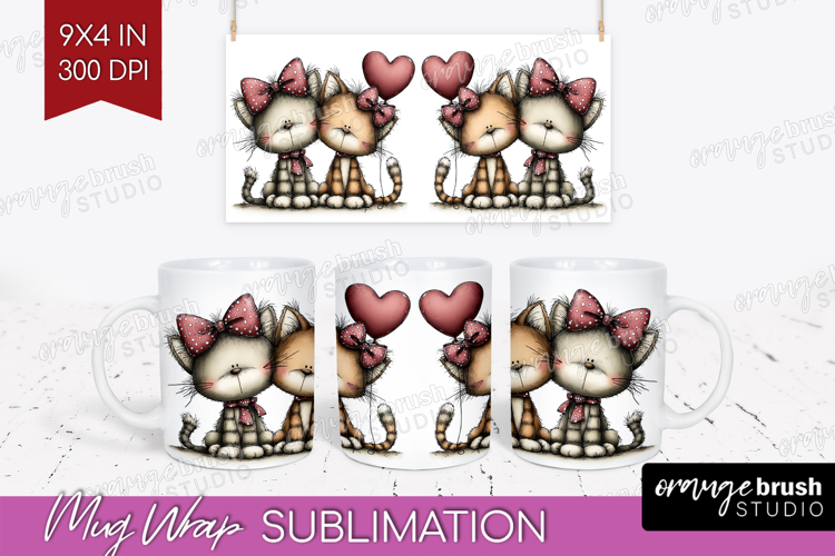 Cats Valentine Mug Wrap Whimsical Animal Mug PNG Sublimation