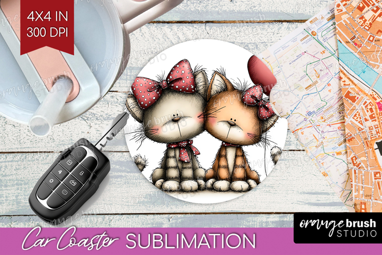 Cats Valentine Car Coaster Whimsical Animal Coaster PNG