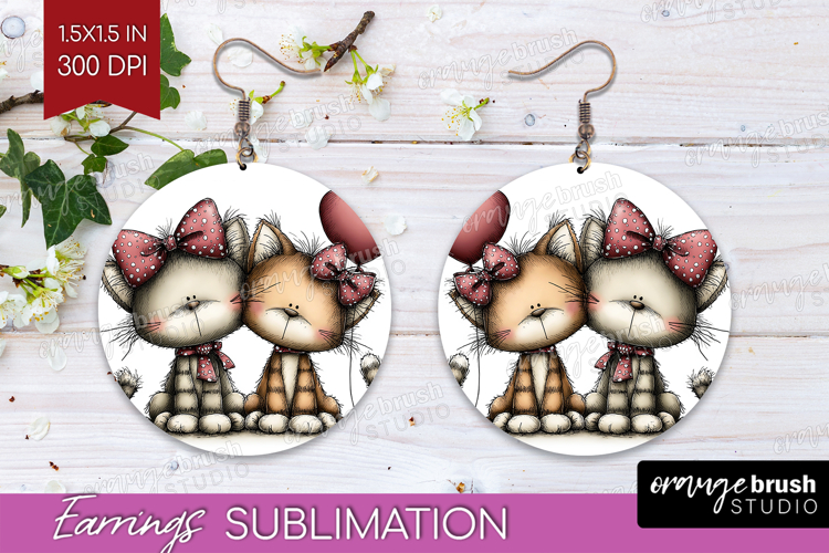 Cats Valentine Round Earrings Whimsical Animal PNG