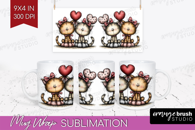Cats Valentine Mug Wrap Whimsical Animal Mug PNG Sublimation