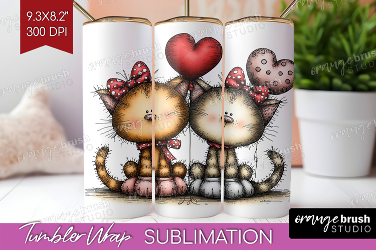 Cats Valentine Tumbler Wrap Whimsical Animal Tumbler PNG