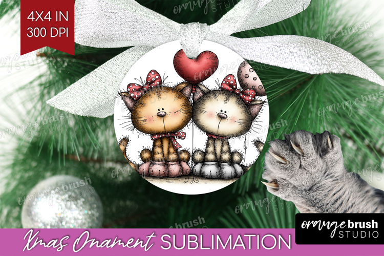 Cats Valentine Ornament PNG Whimsical Animal PNG Sublimation