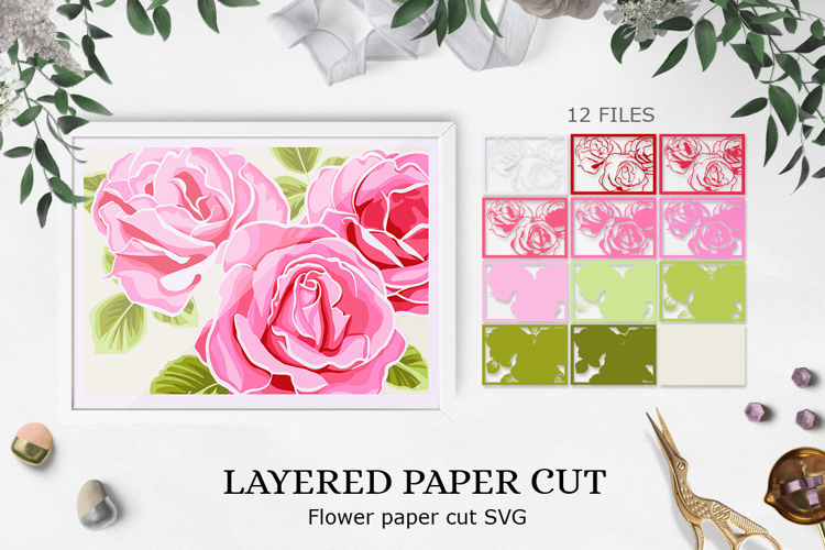 Roses shadow box / Flower 3D layered Paper Cut