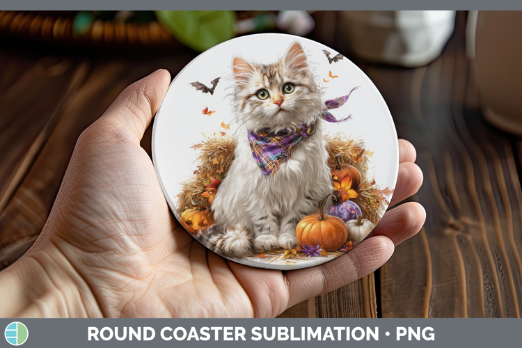 Cats Boho Autumn Angora Cat Round Coaster Sublimation Coaste