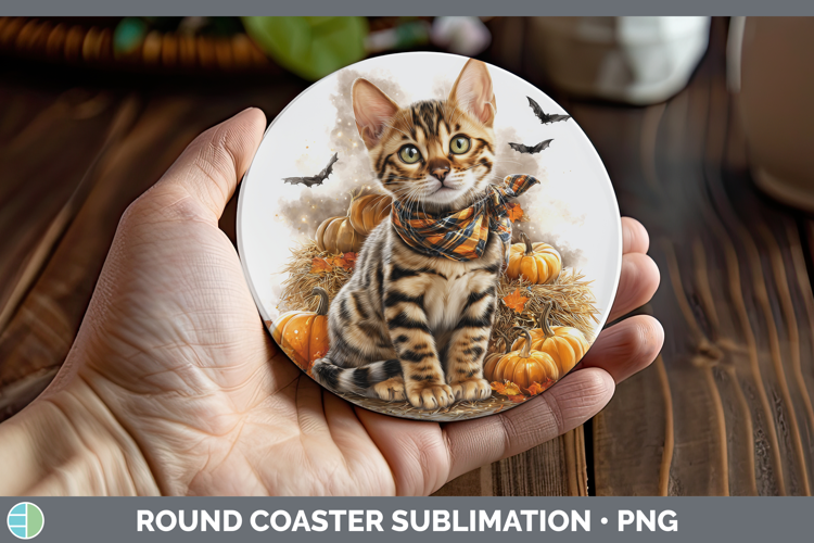 Cats Boho Autumn Bengal Cat Round Coaster Sublimation Coaste