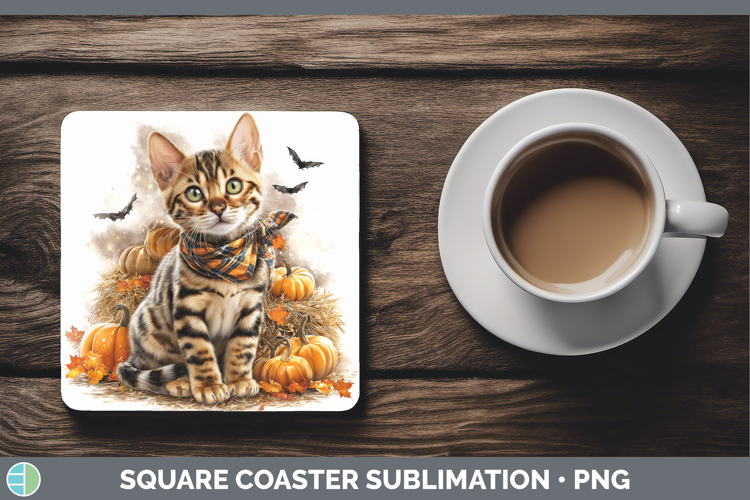 Cats Boho Autumn Bengal Cat Square Coaster Sublimation Coast