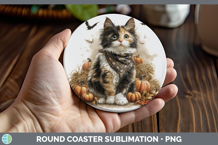 Cats Boho Autumn Calico Cat Round Coaster Sublimation Coaste