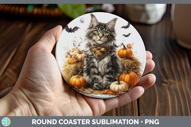 Cats Boho Autumn Maine Coon Cat Round Coaster Sublimation Co