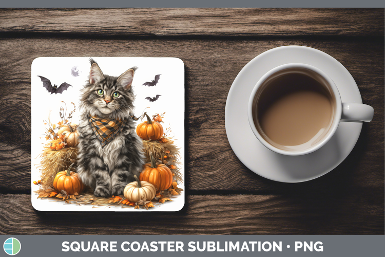 Cats Boho Autumn Maine Coon Cat Square Coaster Sublimation C