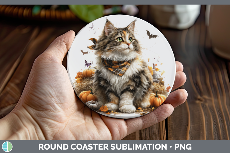 Cats Boho Autumn Norwegian Forest Cat Round Coaster Sublimat