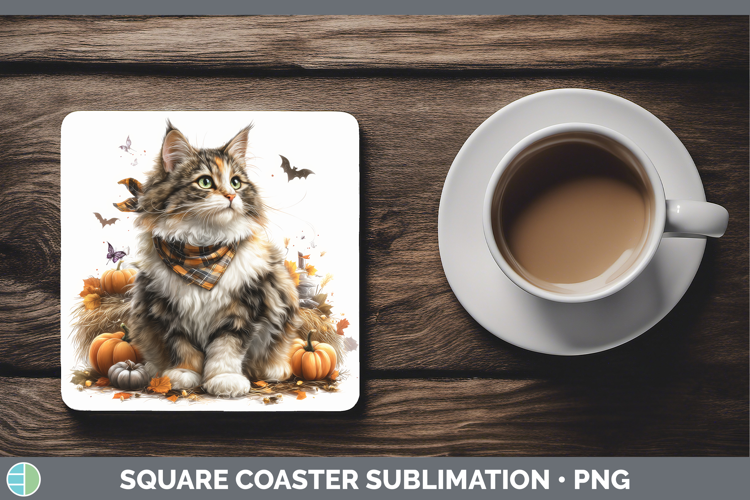 Cats Boho Autumn Norwegian Forest Cat Square Coaster Sublima