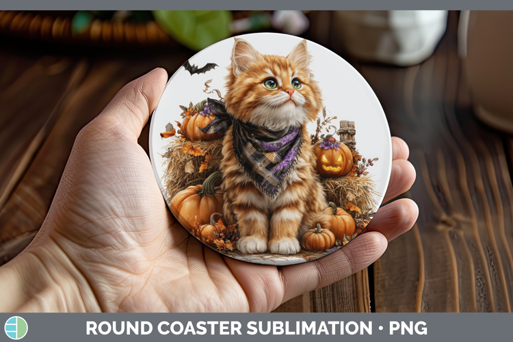 Cats Boho Autumn Orange Cat Round Coaster Sublimation Coaste