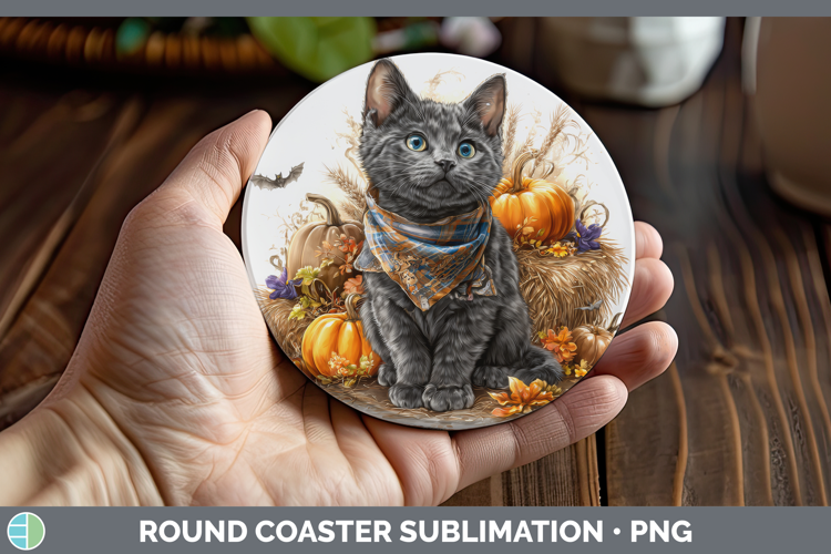 Cats Boho Autumn Russian Blue Cat Round Coaster Sublimation