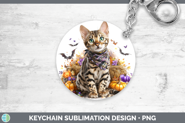 Cats Boho Autumn Savannah Cat Keychain Sublimation Keyring D