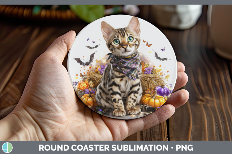 Cats Boho Autumn Savannah Cat Round Coaster Sublimation Coas