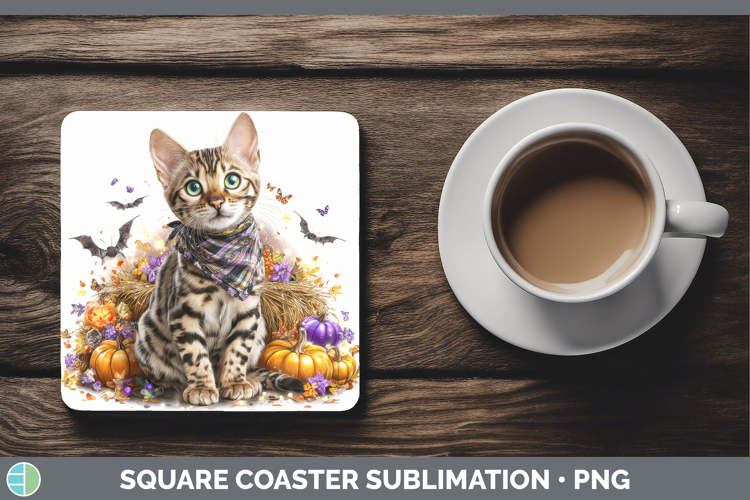 Cats Boho Autumn Savannah Cat Square Coaster Sublimation Coa