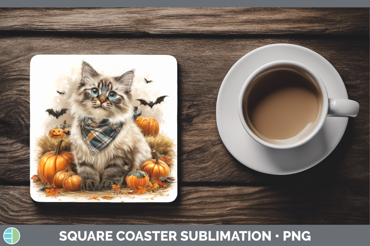 Cats Boho Autumn Siberian Cat Square Coaster Sublimation Coa