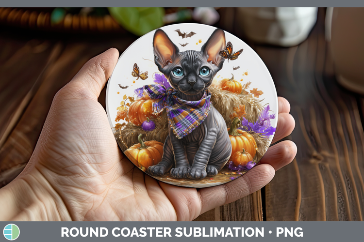 Cats Boho Autumn Sphynx Cat Round Coaster Sublimation Coaste