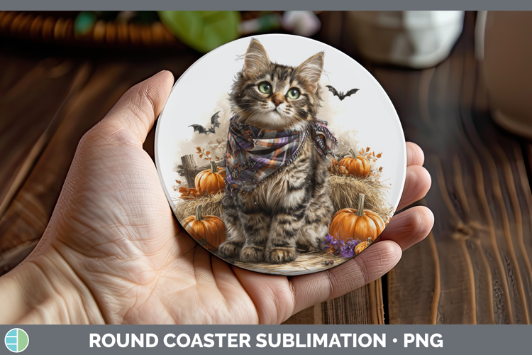 Cats Boho Autumn Tabby Cat Round Coaster Sublimation Coaster