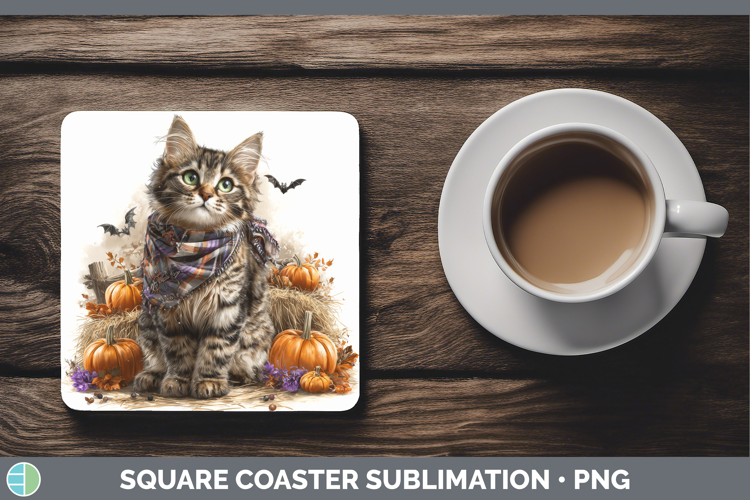 Cats Boho Autumn Tabby Cat Square Coaster Sublimation Coaste