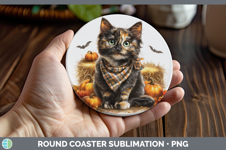 Cats Boho Autumn Tortoiseshell Cat Round Coaster Sublimation