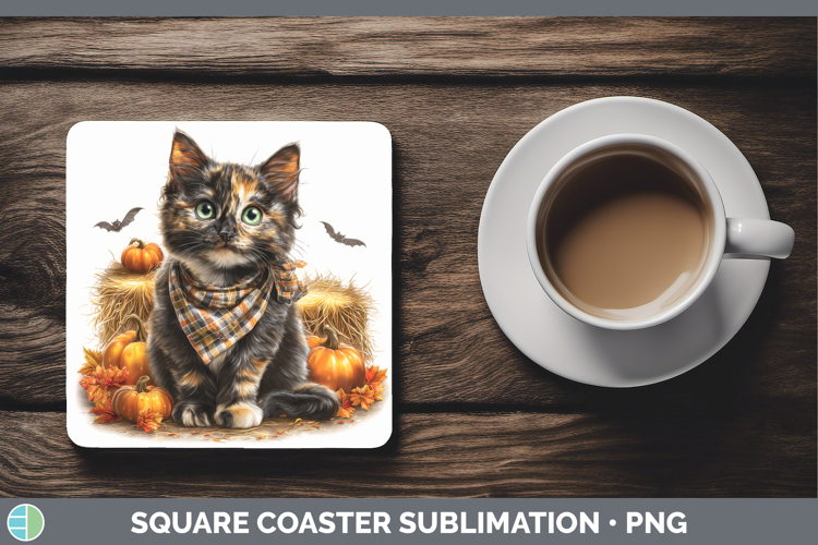 Cats Boho Autumn Tortoiseshell Cat Square Coaster Sublimatio