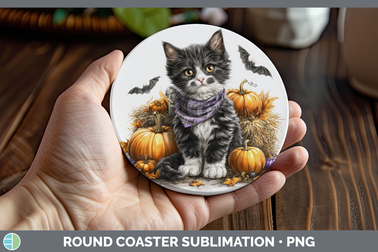 Cats Boho Autumn Tuxedo Cat Round Coaster Sublimation Coaste