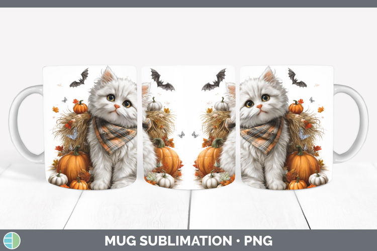 Cats Boho Autumn White Cat Mug Wrap Sublimation Coffee Cup D