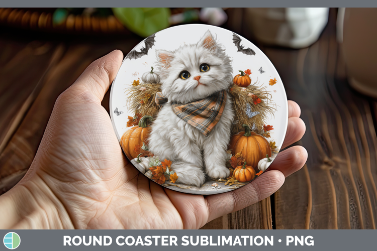 Cats Boho Autumn White Cat Round Coaster Sublimation Coaster