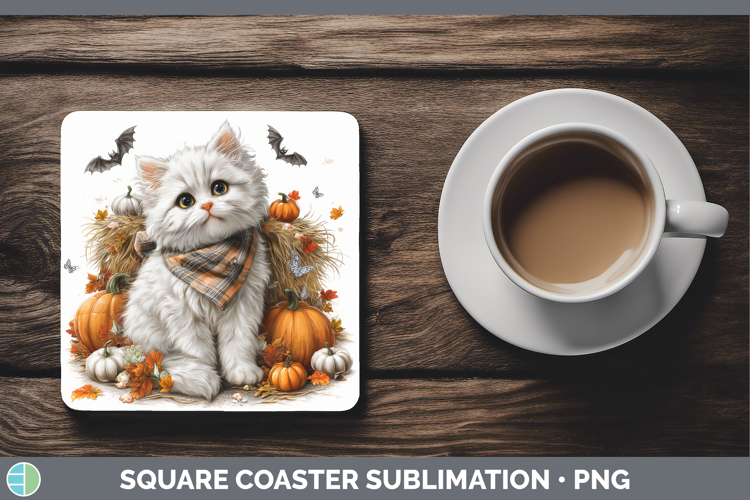 Cats Boho Autumn White Cat Square Coaster Sublimation Coaste
