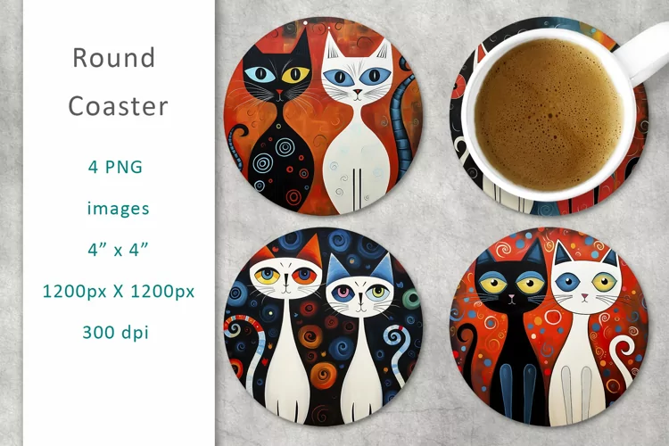 Cats Color Round Coaster, digital collage sheet