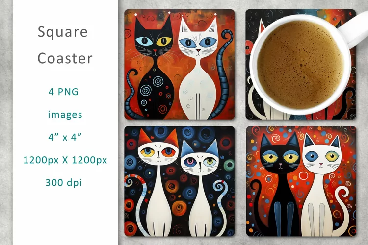 cats color square coaster, digital collage sheet