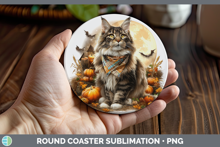 Maine Coon Cat Round Coaster Cats Halloween Bandana Sublimat