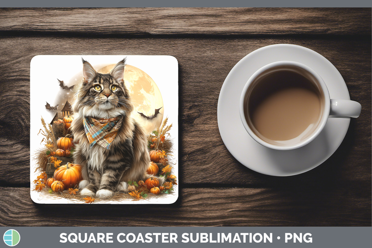 Maine Coon Cat Square Coaster Cats Halloween Bandana Sublima