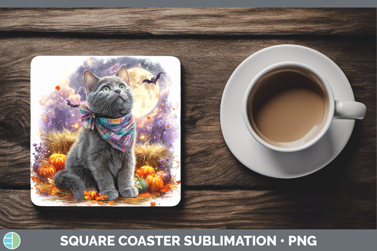 Russian Blue Cat Square Coaster Cats Halloween Bandana Subli