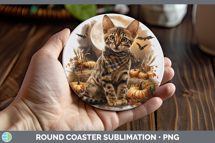 Savannah Cat Round Coaster Cats Halloween Bandana Sublimatio